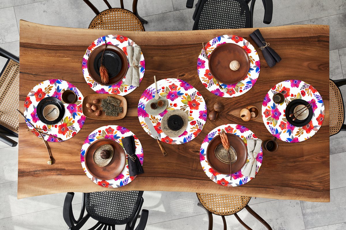 Ronde placemats - Onderlegger - Placemats rond - Waterverf - Bloemen - Paars - 10 stuks