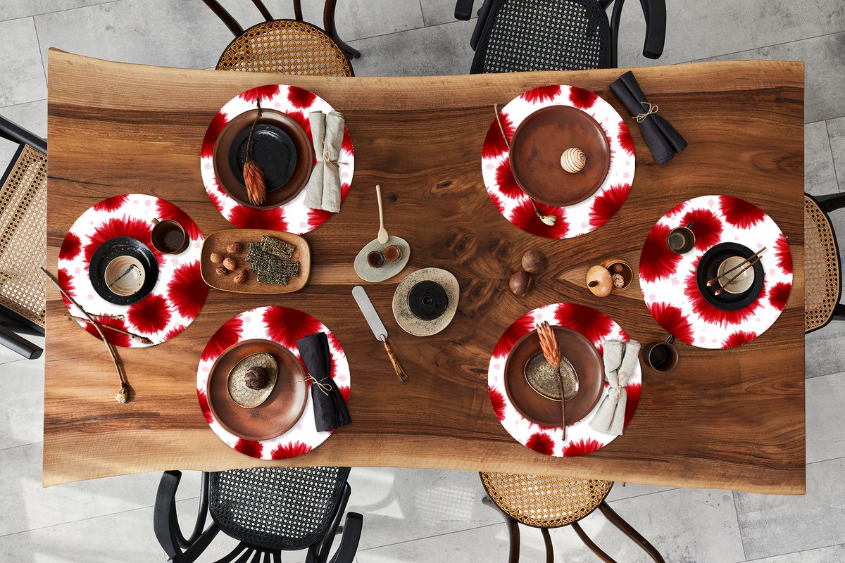 Ronde placemats - Onderlegger - Placemats rond - Aquarelverf - Rood - Bloemen - 6 stuks
