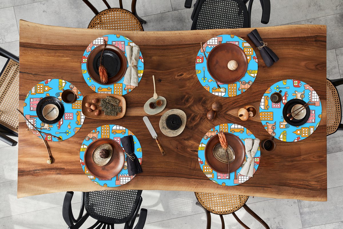 Ronde placemats - Onderlegger - Placemats rond - Patronen - Auto - Huis - 6 stuks