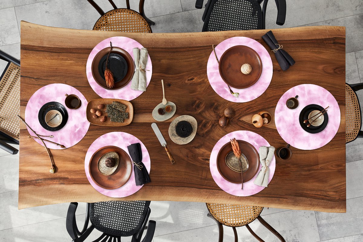 Ronde placemats - Onderlegger - Placemats rond - Patroon - Waterverf - Roze - 6 stuks