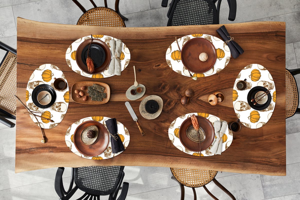 Placemats ovaal - Onderleggers - Ovale placemats - Patroon - Halloween - Skull - 6 stuks