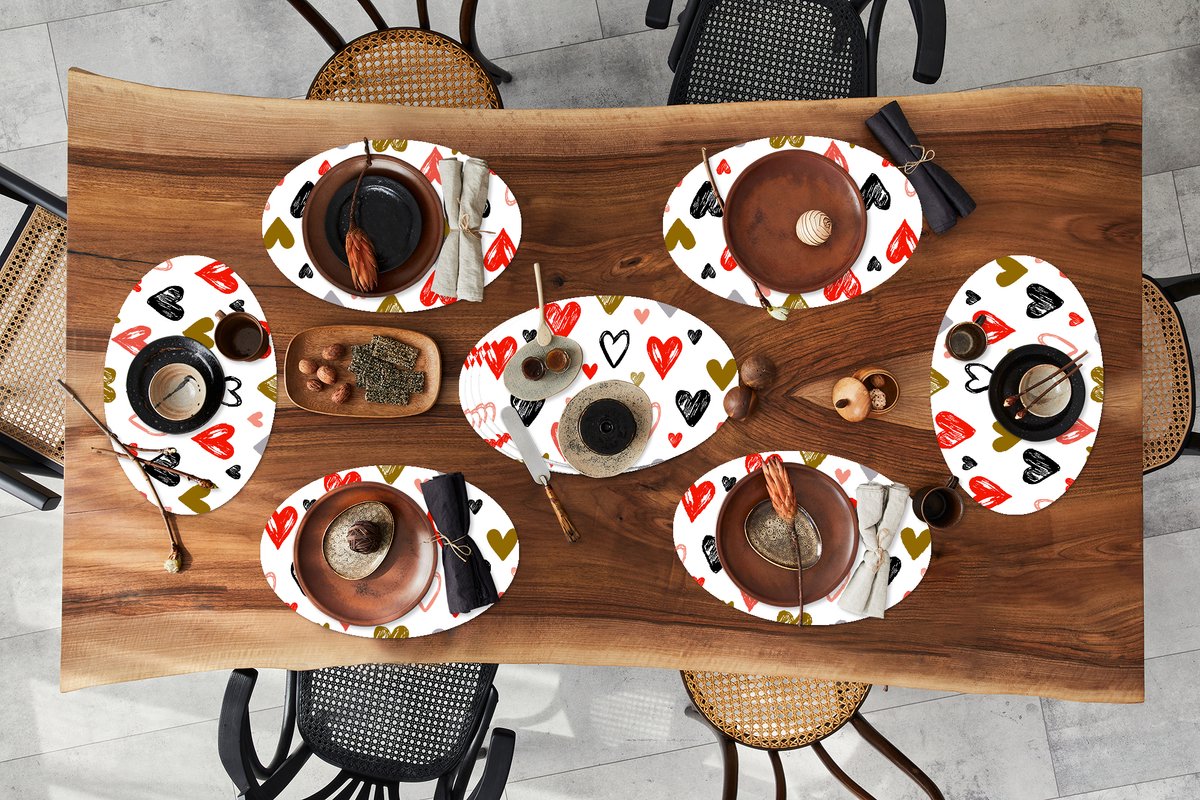 Placemats ovaal - Onderleggers - Ovale placemats - Hart - Schets - Valentijnsdag - 10 stuks