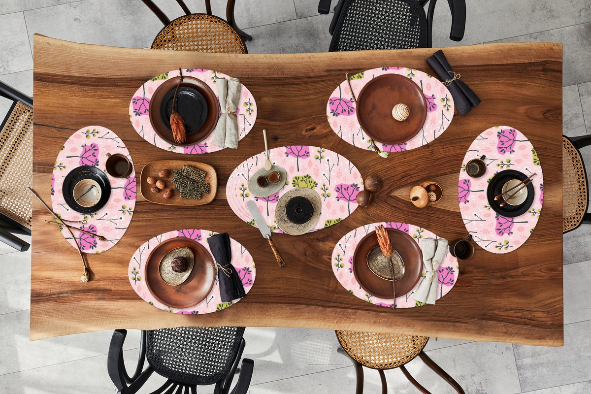 Placemats ovaal - Onderleggers - Ovale placemats - Roze - Bomen - Bladeren - Design - 10 stuks