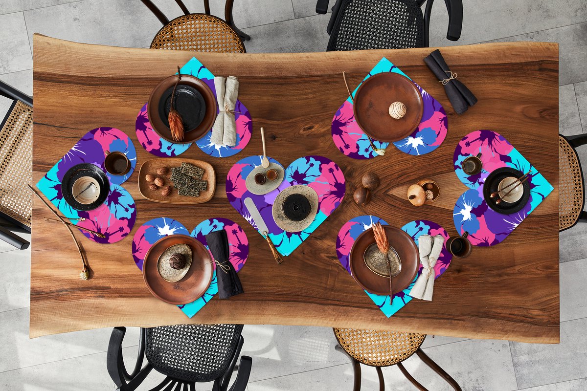 Onderleggers - Placemats - Placemats hartje - Tropisch - Bloemen - Hawaii - Patroon - 8 stuks