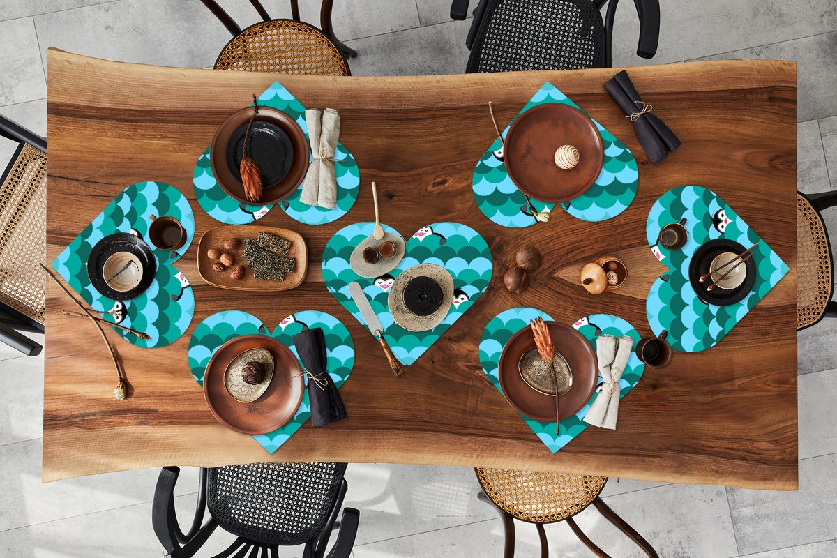 Onderleggers - Placemats - Placemats hartje - Cirkel - Pinguïn - Design - 8 stuks