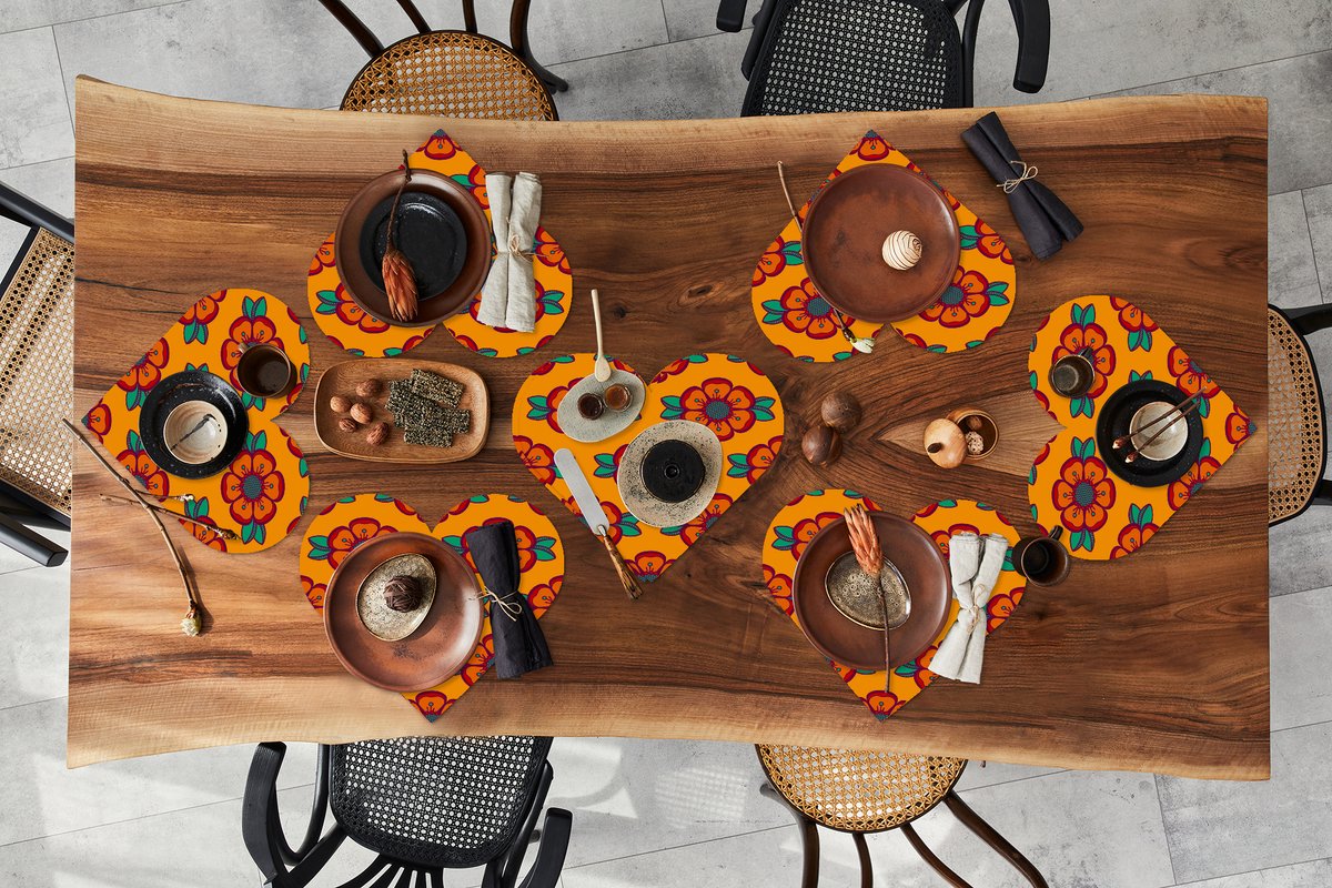 Onderleggers - Placemats - Placemats hartje - Design - Retro - Rozen - Oranje - 8 stuks