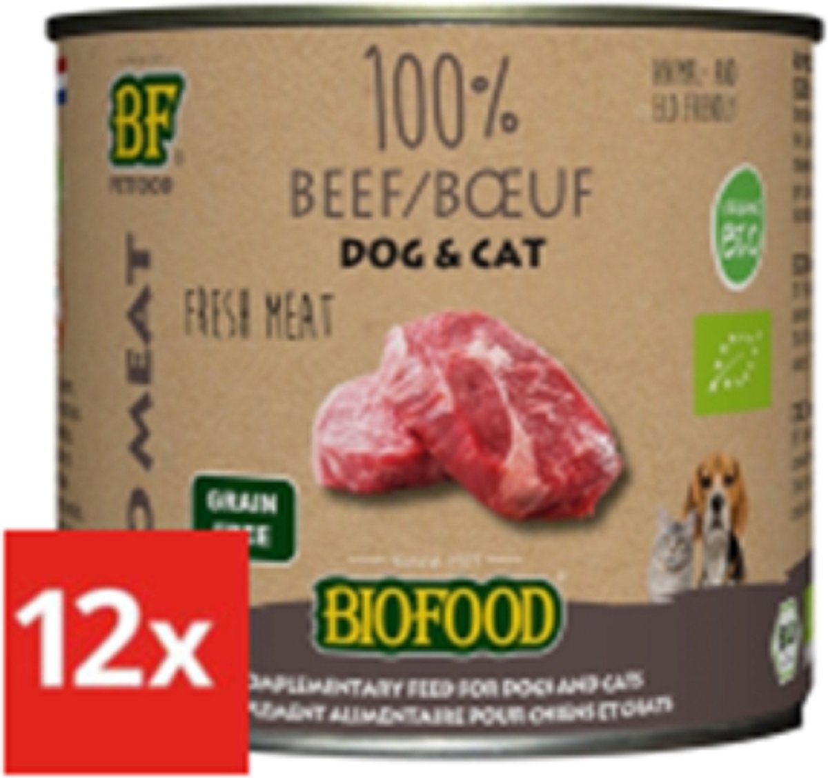 12x Biofood Organic 100% Rund voor hond en kat - 200g