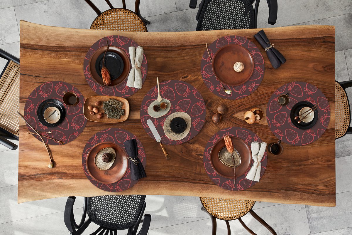 Ronde placemats - Onderlegger - Placemats rond - Patronen - Aardbei - Stippen - Fruit - 8 stuks