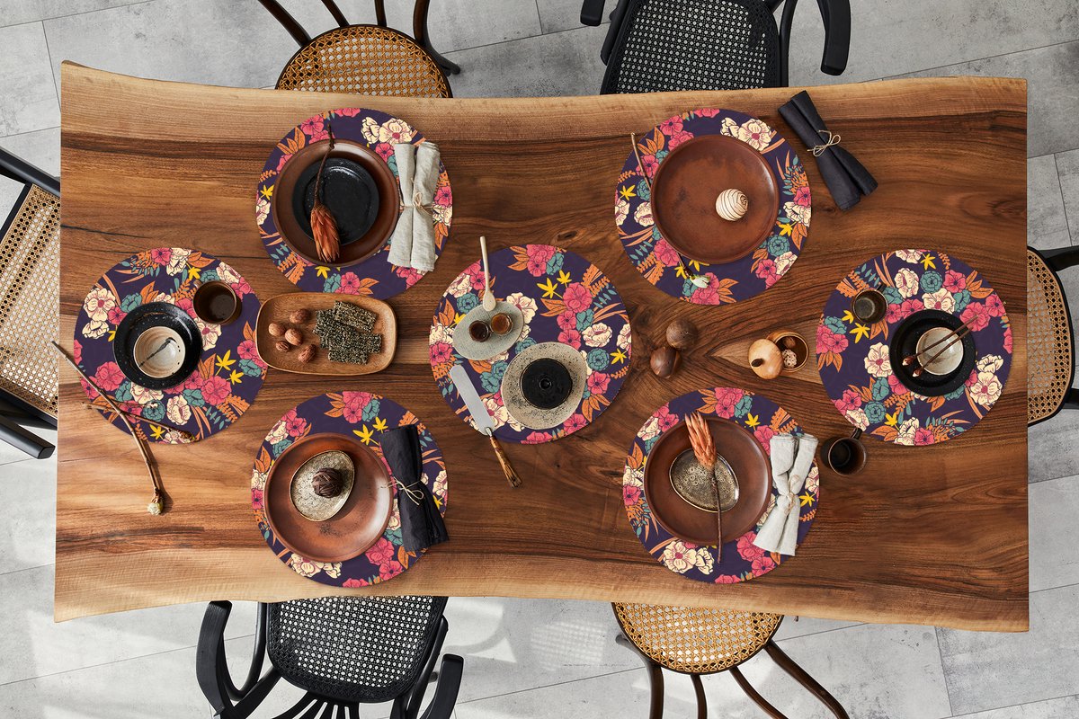 Ronde placemats - Onderlegger - Placemats rond - Boeket - Bloemen - Tropisch - Patroon - 8 stuks