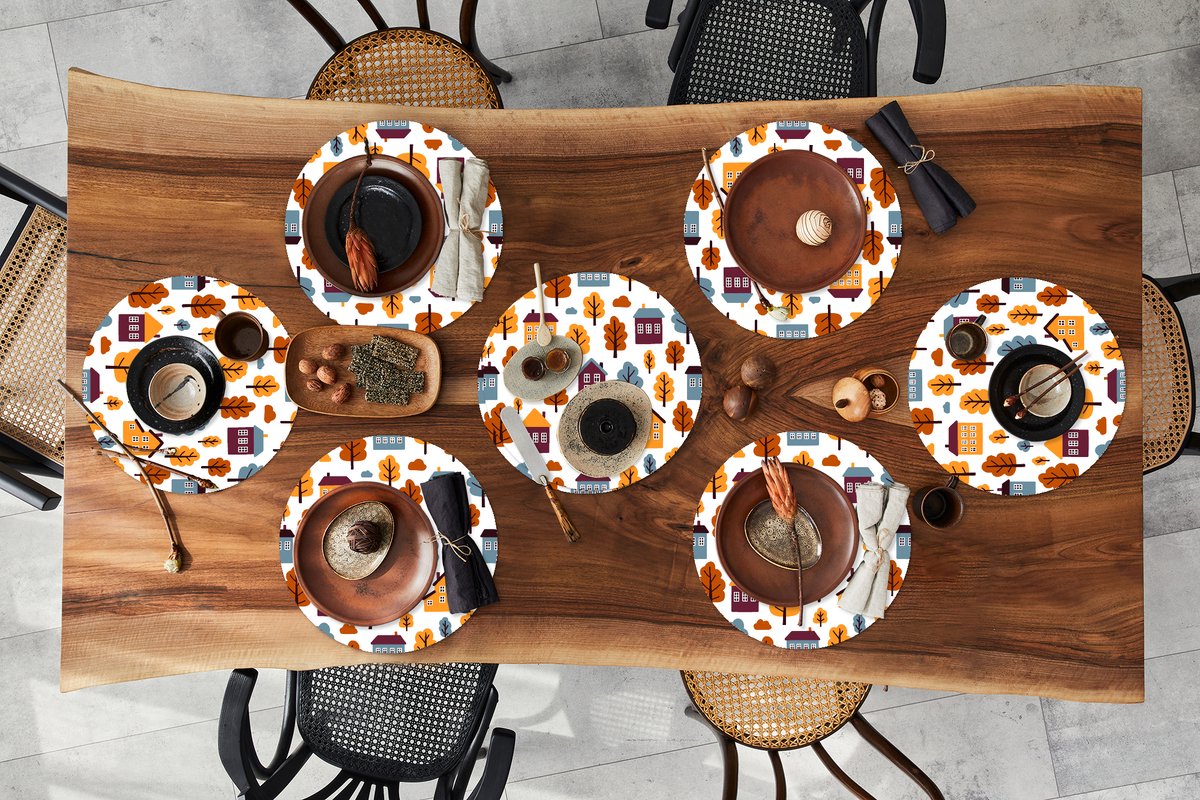 Ronde placemats - Onderlegger - Placemats rond - Patronen - Huis - Bomen - 8 stuks