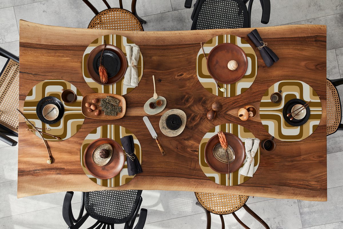 Ronde placemats - Onderlegger - Placemats rond - Retro - Design - Bruin - 6 stuks