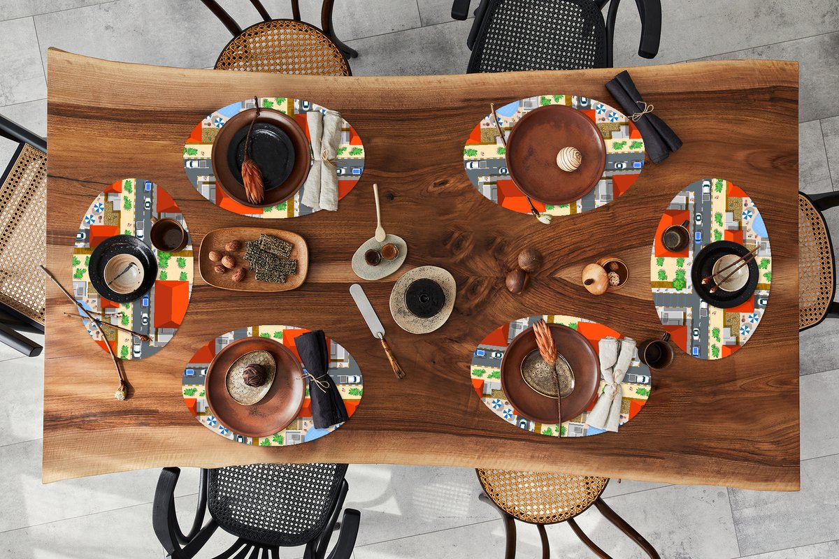 Placemats ovaal - Onderleggers - Ovale placemats - Auto - Patronen - Wegen - Steden - 6 stuks