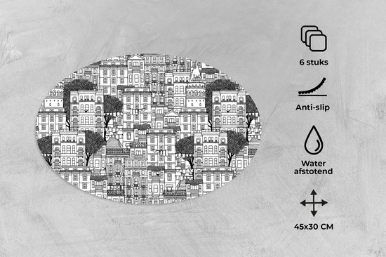 Napperons ovales - Sous-verres - Sets de table ovales - Motif - Maisons - Villes - 6 pièces