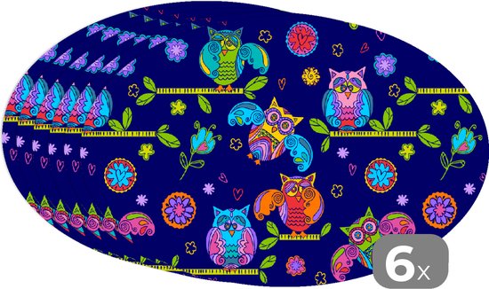 Napperons ovales - Sous-verres - Sets de table ovales - Motif - Chouette - Branches - 6 pièces