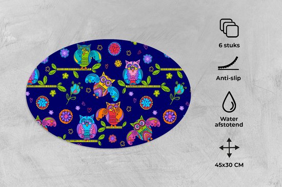 Napperons ovales - Sous-verres - Sets de table ovales - Motif - Chouette - Branches - 6 pièces