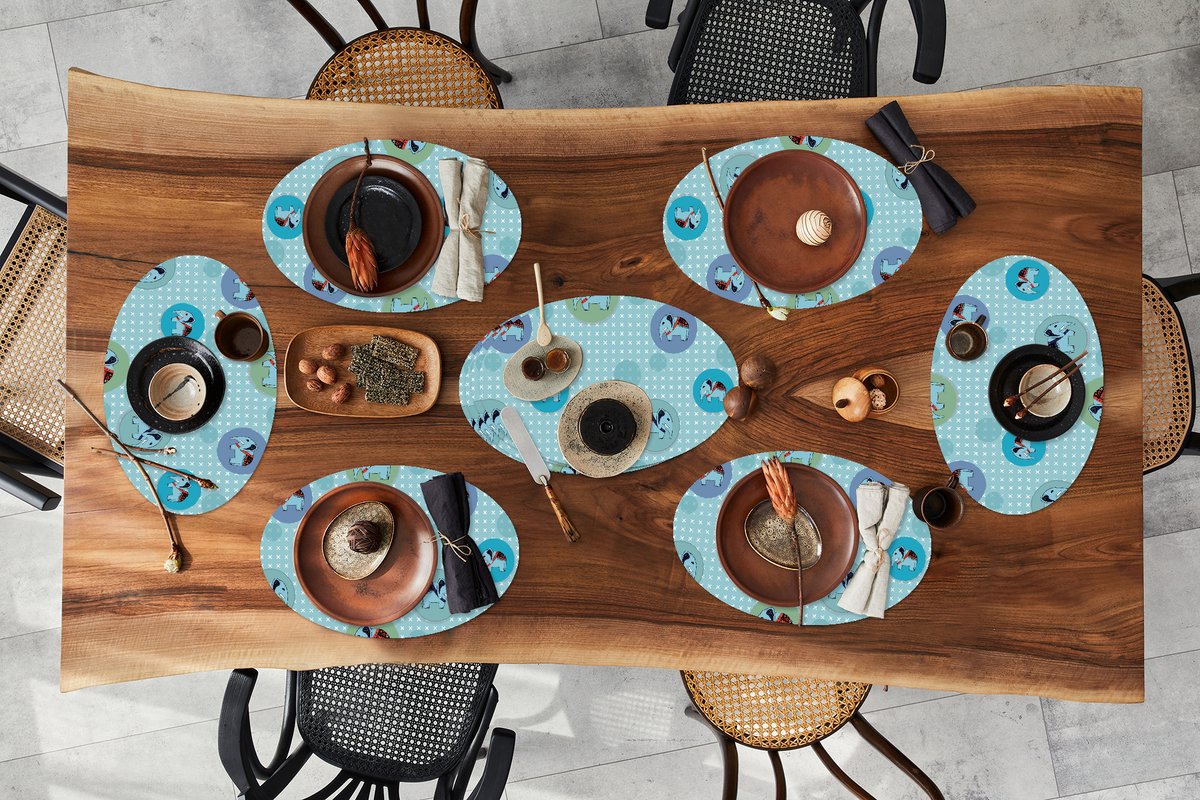Placemats ovaal - Onderleggers - Ovale placemats - Olifant - Stippen - Design - 10 stuks