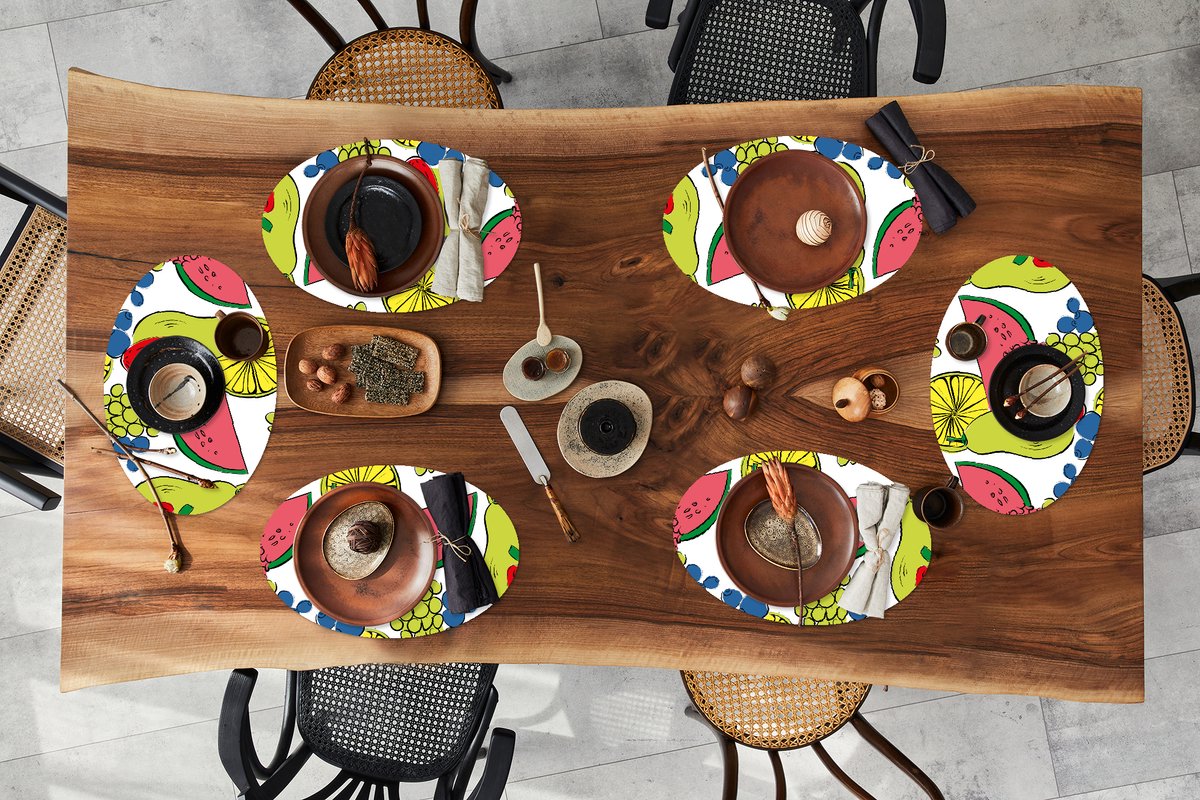 Placemats ovaal - Onderleggers - Ovale placemats - Fruit - Cartoon - Patroon - 6 stuks