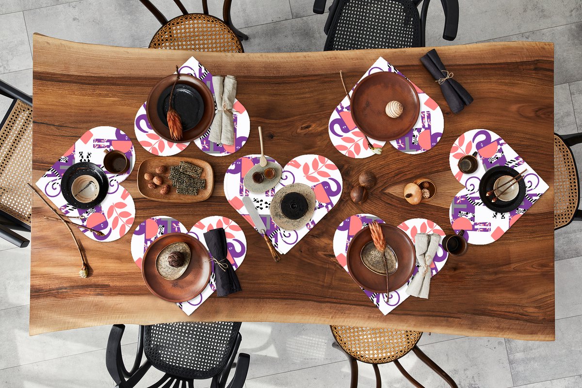 Onderleggers - Placemats - Placemats hartje - Olifanten - Bladeren - Paars - Patroon - 8 stuks