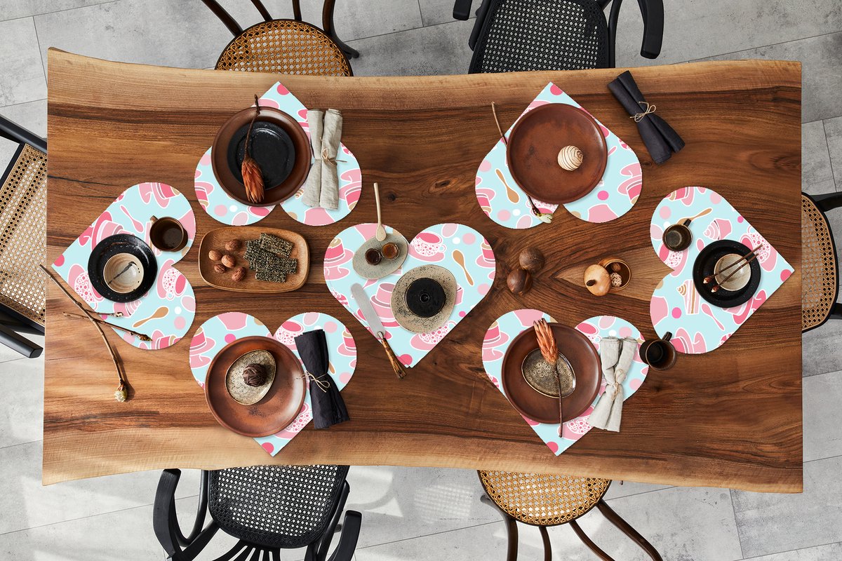 Onderleggers - Placemats - Placemats hartje - Taart - Thee - Cupcake - Roze - Design - 8 stuks