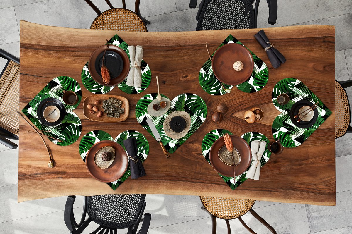 Onderleggers - Placemats - Placemats hartje - Monstera - Zwart Wit - Patronen - 8 stuks