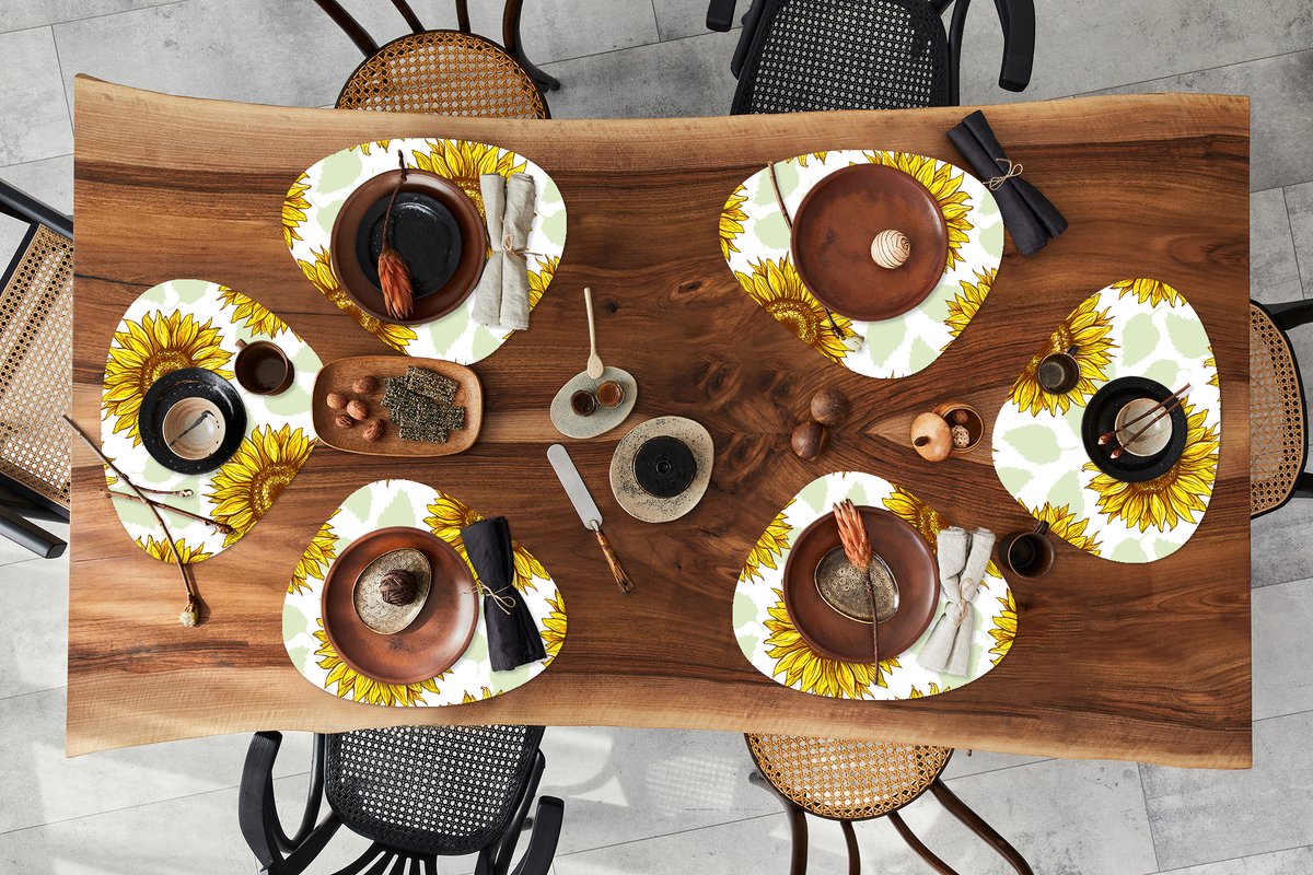 Placemat organisch - Placemats organic - Onderleggers - Zonnebloem - Patronen - Bloemen - 6 stuks