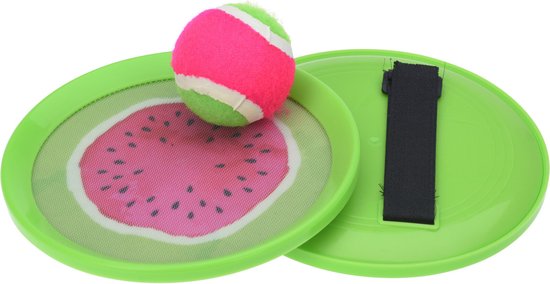 Strand vangbal spel met klittenband meloen groen/roze 18.5 cm - Strand en camping sport speelgoed