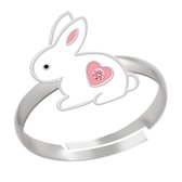 Ring meisjes kind | Ring kinderen | Zilveren ring, wit konijntje met roze hartje en kristal