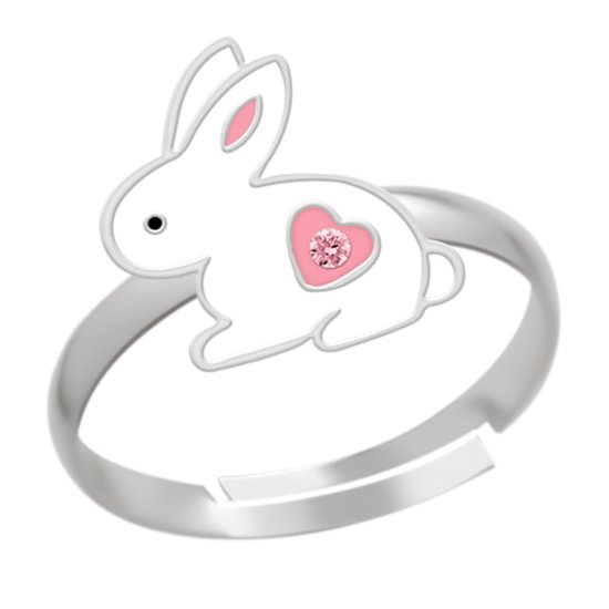 Ring fille enfant | Ring enfants | Bague en argent, lapin blanc avec coeur rose et cristal
