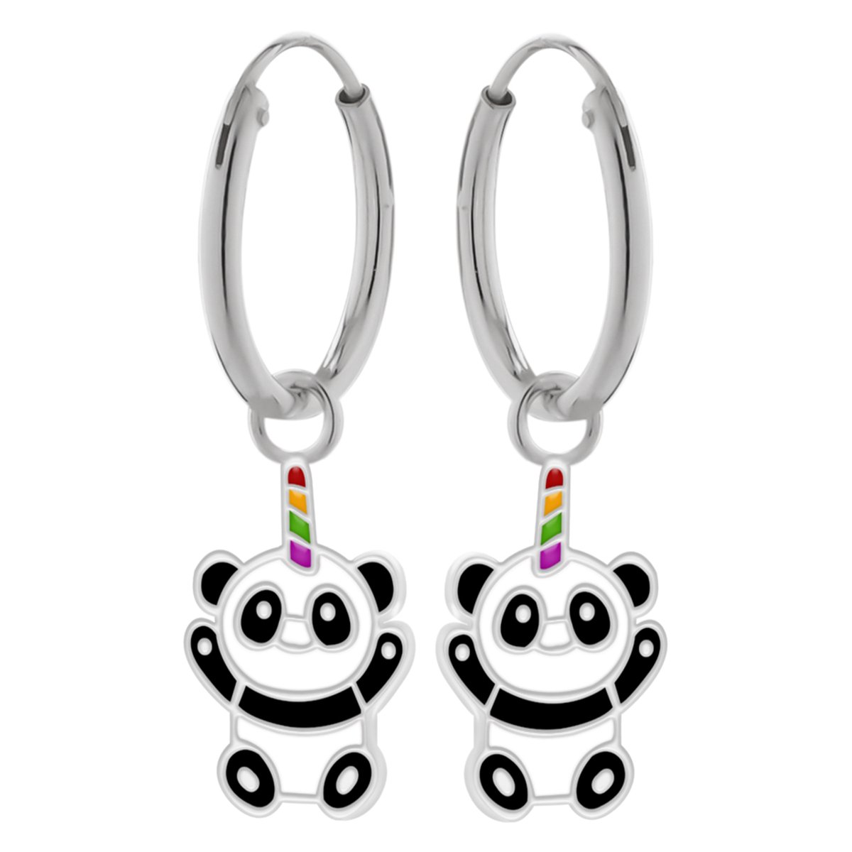 Oorbellen meisjes zilver | Eenhoorn oorbellen | Zilveren oorringen met hanger, panda met regenbooghoorn