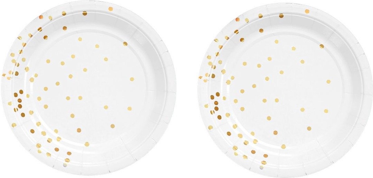 Kartonnen Bordjes wit Gold Dots 18 cm 20 st - Wegwerp borden - weg gooi borden - Feest/verjaardag/BBQ borden / Gebak bordjes maat / Bordjes wit met stippen