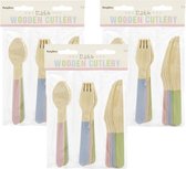 Houten bbq/verjaardag bestek setje pastel kleuren 54-delig - vorken/messen/lepels