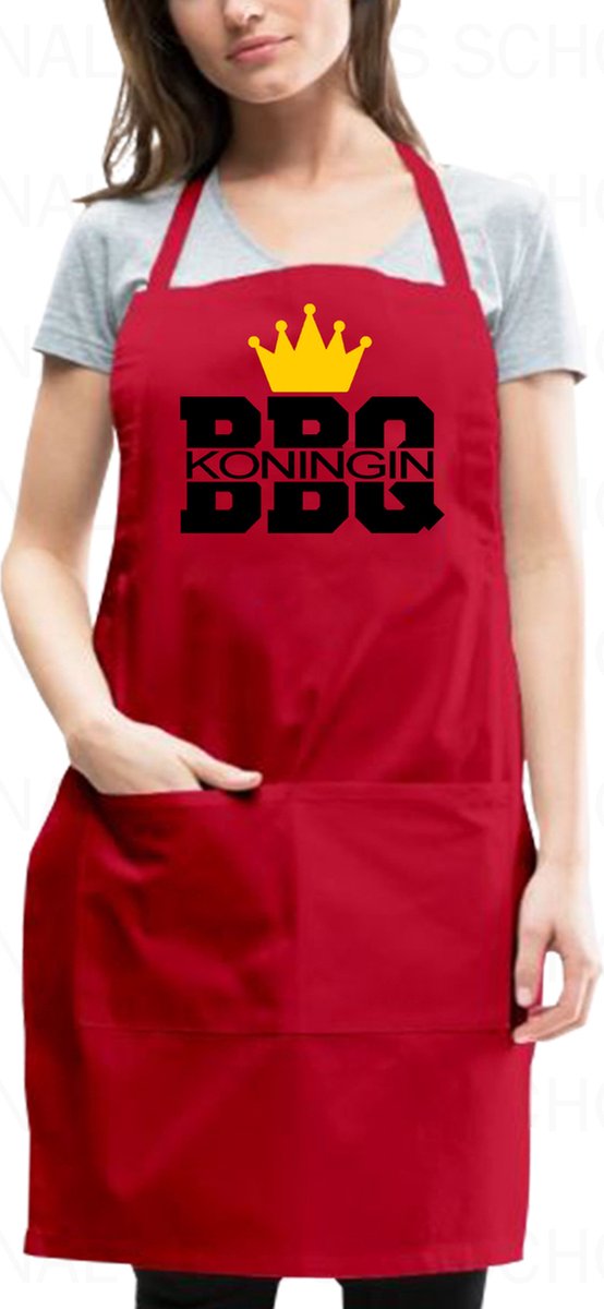 BARBEQUE KONINGIN schort - Rood met zwart - Verstelbaar - Wasbaar - One Size (volwassenen) - Cadeau - Grappige teksten | designs - Original Kwoots - Grill master - BBQ - Apron