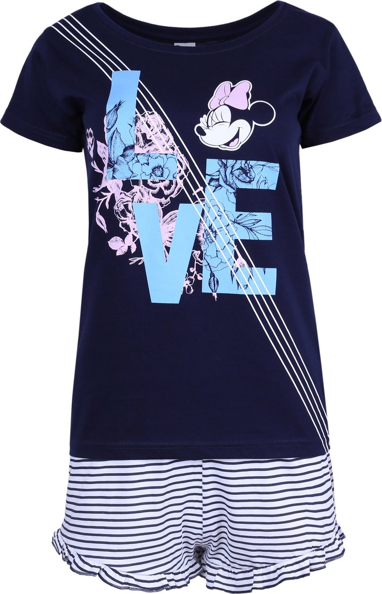 Marineblauwe en Witte Damespyjama met T-Shirt met Print en een Gestreepte Korte Broek - Minnie Mouse Disney