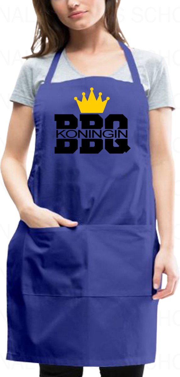 BARBEQUE KONINGIN schort - Blauw met zwart - Verstelbaar - Wasbaar - One Size (volwassenen) - Cadeau - Grappige teksten | designs - Original Kwoots - Grill master - BBQ - Apron