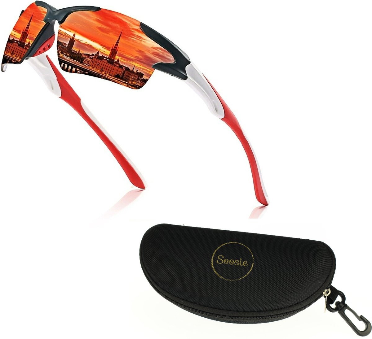Soosie - Fietsbril - Sportbril - Gepolariseerde - Spiegelende glazen - UV Bescherming - Alle sporten - Uinisex - One size - GRATIS Brillenkoker
