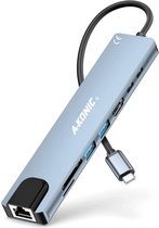 A-KONIC USB C HUB 8 in 1 - met / naar HDMI 4K, Ethernet RJ45, 2x USB 3.0 (thunderbolt), 2x USB C opladen, Micro/SD card reader Hub – USB Splitter - Geschikt voor Apple Macbook Pro / Air Lenovo, Samsung – Spacegray