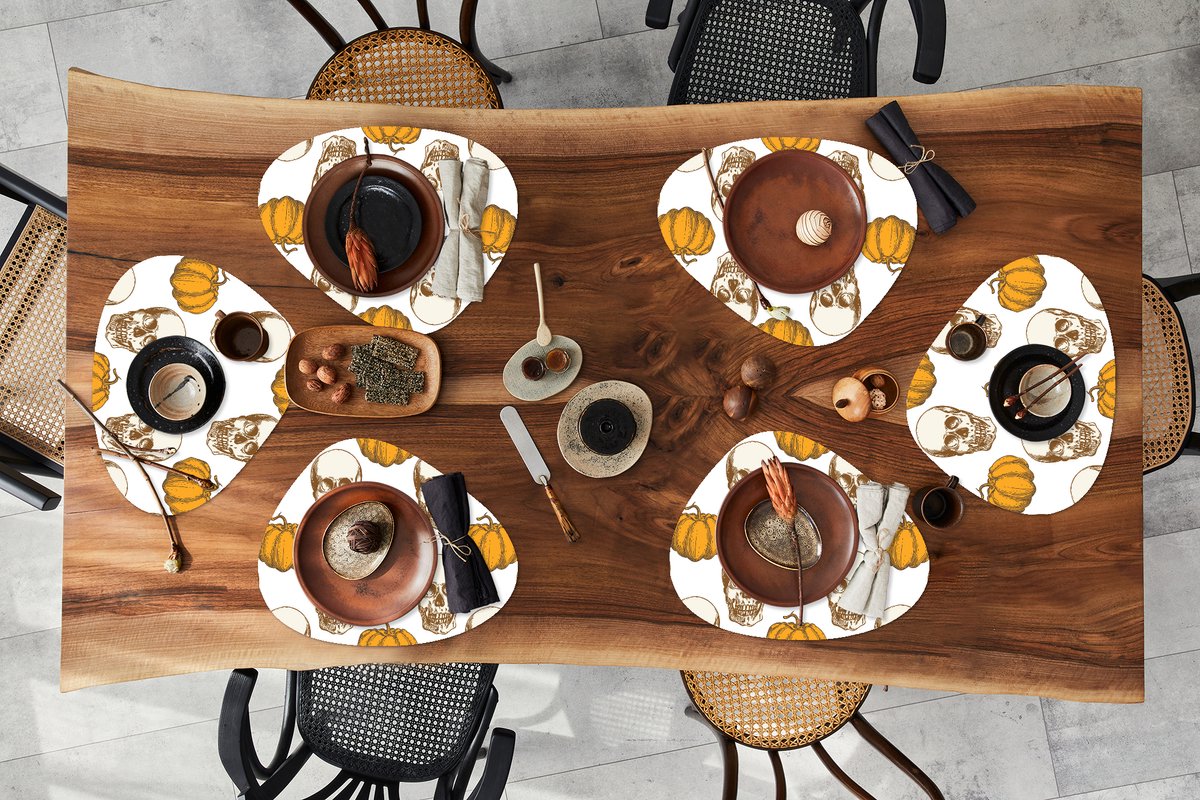 Placemat organisch - Placemats organic - Onderleggers - Patroon - Halloween - Skull - 6 stuks