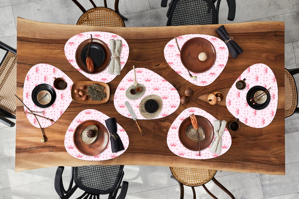 Placemat organisch - Placemats organic - Onderleggers - Kroon - Patroon - Roze - 8 stuks