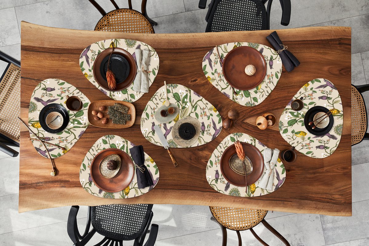 Placemat organisch - Placemats organic - Onderleggers - Patroon - Vogel - Planten - Fruit - 8 stuks