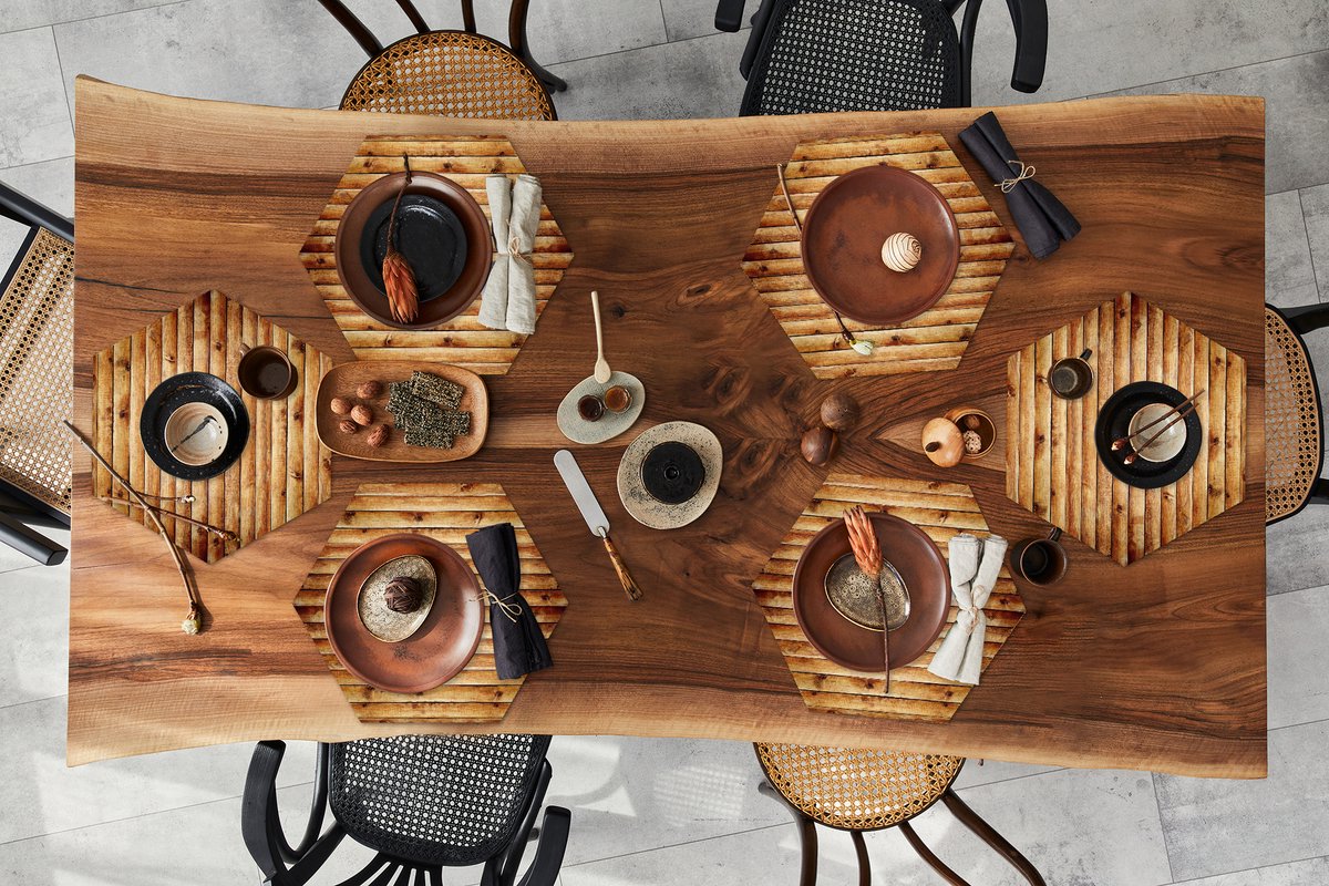 Placemats hexagon - Onderleggers placemats - Placemat zeshoek - Muur - Planken - Hout - 6 stuks