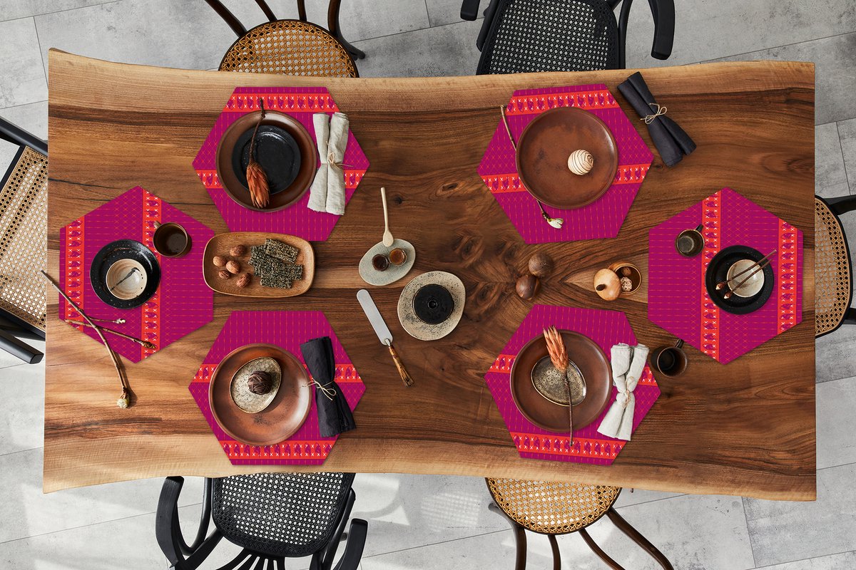 Placemats hexagon - Onderleggers placemats - Placemat zeshoek - Olifant - Design - Roze - 6 stuks