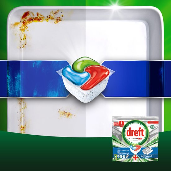 Twee witte borden, links vies met aangekoekt eten, rechts schoon. Dreft Platinum Plus capsule in het midden.
