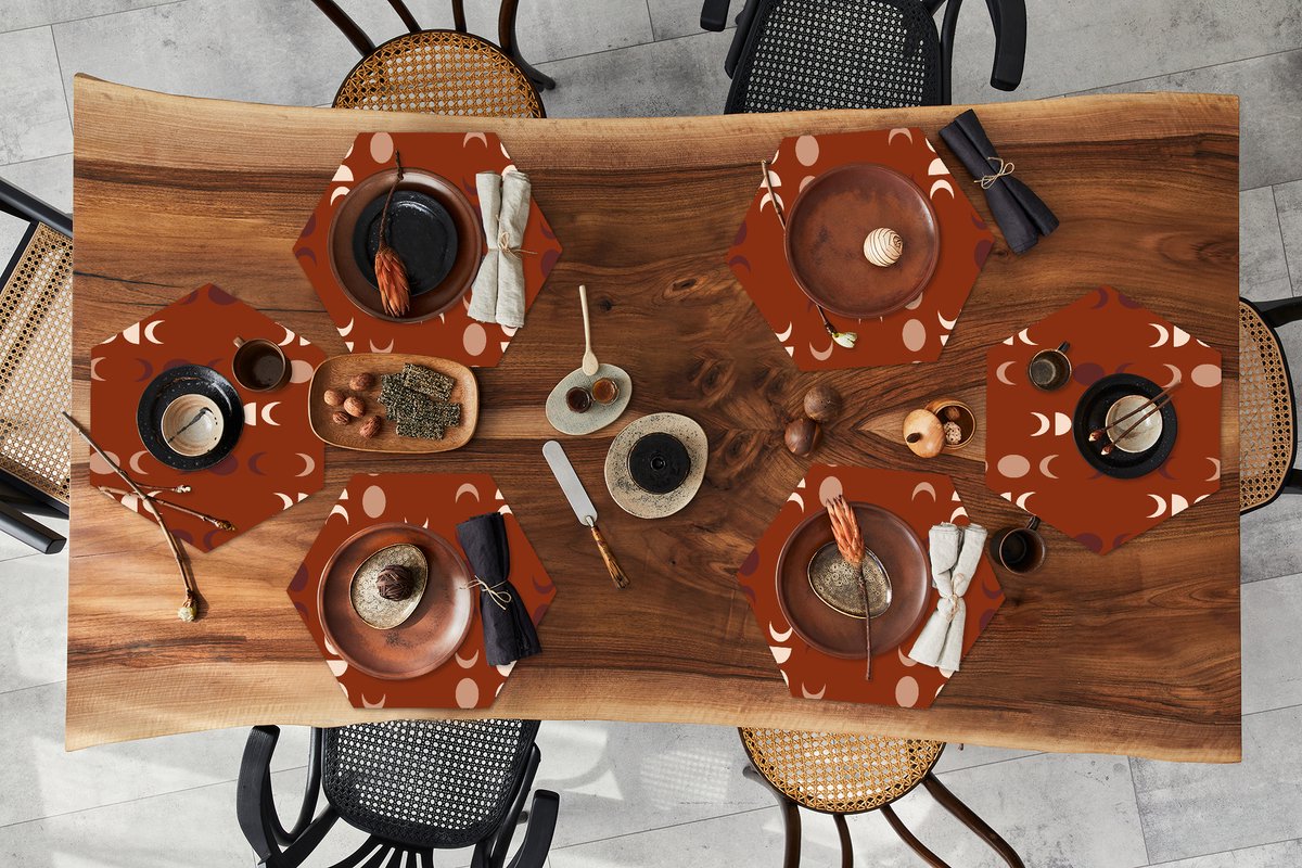 Placemats hexagon - Onderleggers placemats - Placemat zeshoek - Maan - Rood - Patroon - 6 stuks