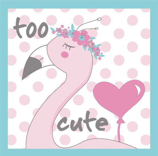 Een roze flamingo met een bloemenkrans en hartjesballonnen. Tekst: 'too cute'.
