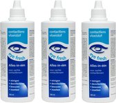 Drie flacons van 360 ml Eye Fresh Alles-in-één lenzenvloeistof, met blauw ooglogo.
