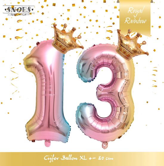 Cijfer Ballon nummer 13 - Prins - Prinses - Royal Rainbow - Ballon - Regenboog Unicorn Kleuren - Prinsessen Verjaardag - Hoera 13 Jaar