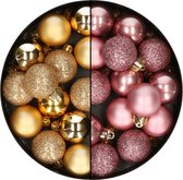 28x morceaux de petites boules de Noël en plastique velours rose et or 3 cm - Décorations de Noël
