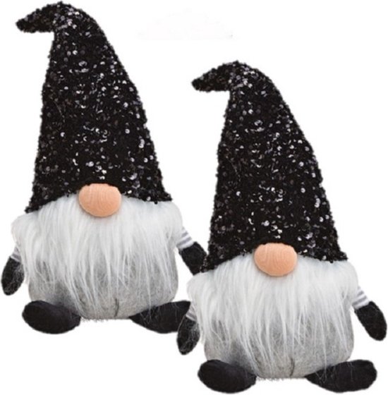 2x stuks pluche gnome/dwerg decoratie poppen/knuffels zwart 17 x 24 x 48 - Kerstgnomes/kerstdwergen/kerstkabouters