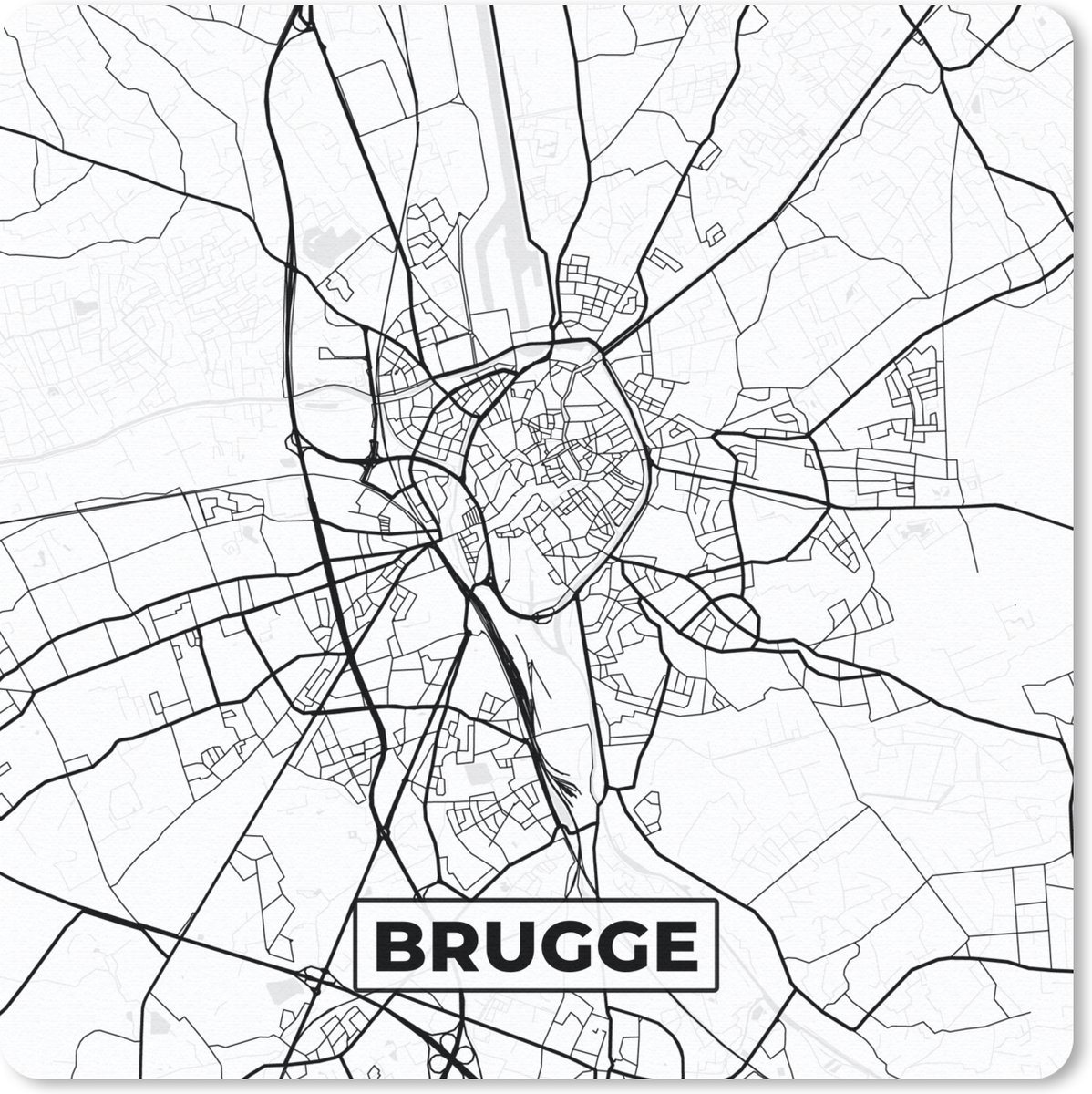 Muismat 20x20 cm - Mousepad Zwart Wit – België – Plattegrond – Stadskaart – Kaart – Brugge - Muismatten - Stadskaart
