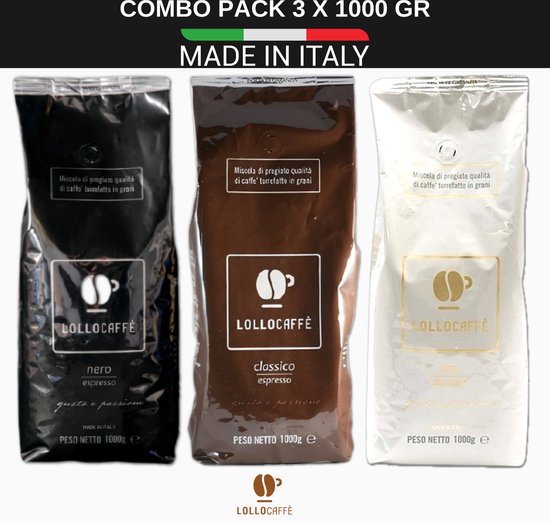 Lollo Caffè Nero, Classico, Oro - Topkwaliteit Koffiebonen - 3 x 1kg Profepakket - Napolitaanse gebrande koffie - Voor Delonghi, Siemens, Jura, Moccamaster, Krups, Philips, Sage koffiezetapparaten - Made in Italy